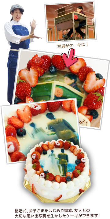 可食印刷（フードプリント）デコレーションケーキ写真：結婚式、お子さまをはじめご家族、友人との大切な思い出写真を生かしたケーキができます！