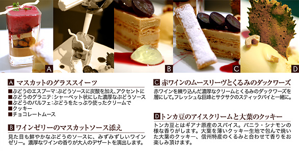 「アシェット・デセール」各部解説文・Aマスカットのグラススイーツ:■ぶどうのエスプーマ:ぶどうソースに炭酸を加え、アクセントに■ぶどうのグラニテ:シャーベット状にした濃厚なぶどうソース■ぶどうのパルフェ:ぶどうをたっぷり使ったクリームで■クッキー■チョコレートムース/Bワインゼリーのマスカットソース添え:見た目も鮮やかなぶどうのソースに、みずみずしいワインゼリー。濃厚なワインの香りが大人のデザートを演出します。/C赤ワインのムースリーヴとくるみのダックワーズ:赤ワインを練り込んだ濃厚なクリームとくるみのダックワーズを層にして。フレッシュな巨峰とサクサクのスティックパイと一緒に。/D:トンカ豆のアイスクリームと大葉のクッキー:トンカ豆とはギアナ原産のスパイス。バニラ・シナモンの様な香りがします。大葉を薄いクッキー生地で包んで焼いた大葉のクッキー、信州特産のくるみと合わせて香りをお楽しみ頂けます。