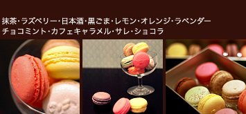 抹茶・ラズベリー・日本酒・黒ごま・レモン・オレンジ・ラベンダー・チョコミント・カフェキャラメル・サレ・ショコラホワイトデー「マカロン」各種ディスプレイ写真。